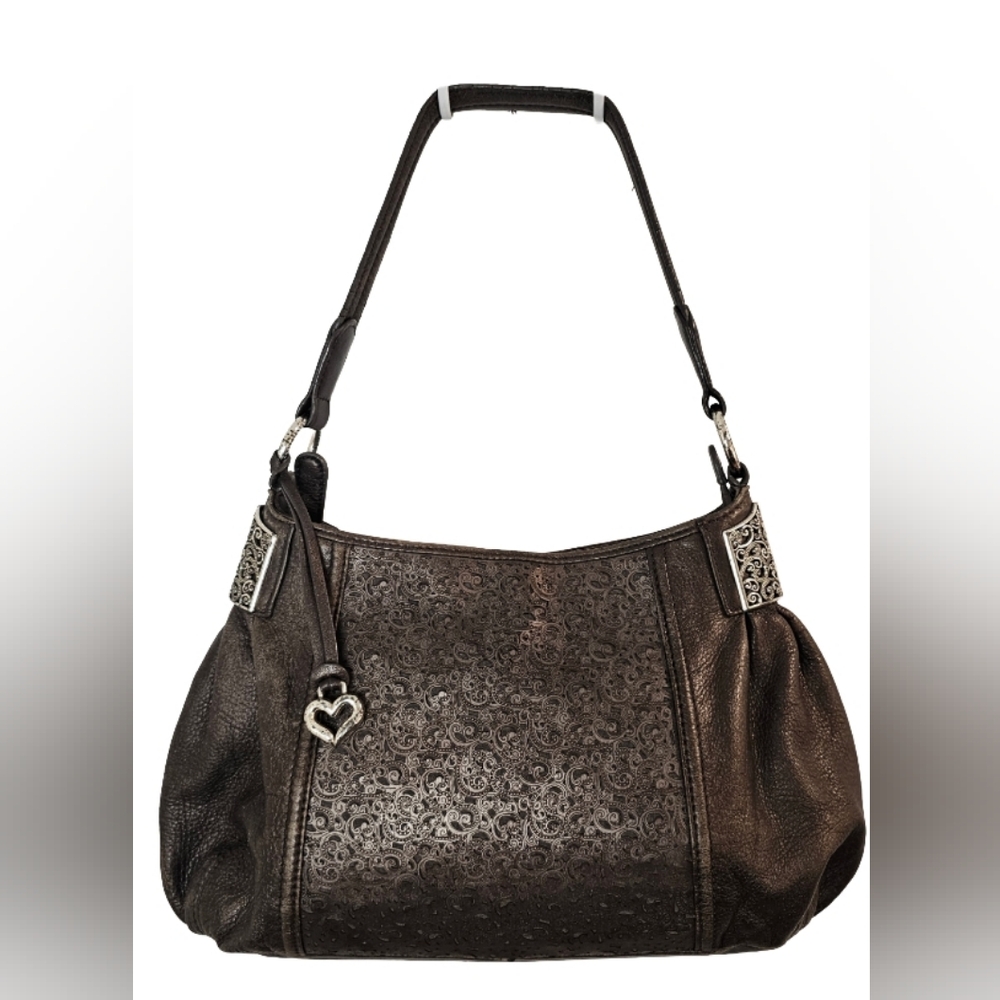 [Brighton] Parsa Smooth Pewter Laser Cut Leather Shoulder Bag Heart Charm. 